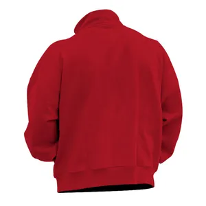 Detail view of the back of a red men's fleece sweatshirt featuring a stand collar