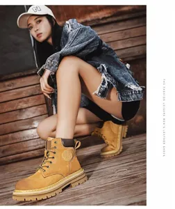 Macro detail of classic yellow British style Martin boots with durable rubber soles