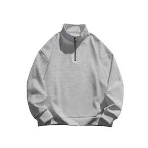 Fleece-lined men's light grey half-zip sweatshirt with a high stand collar detail