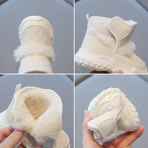 White winter warm toddler snow boots with faux fur lining and non-slip flexible soft sole
