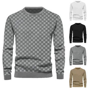 Men's Heavyweight Checkerboard Jacquard Knit Sweater Crew Neck Long Sleeve Casual Pullover Top For Autumn Winter