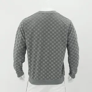 Back view of gray checkered long-sleeved sweatshirt with ribbed cuffs
