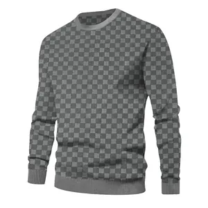 Men's gray checkerboard jacquard knit sweater with classic crewneck and long sleeves