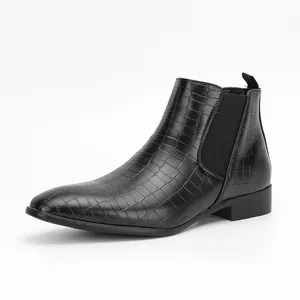 Polished black crocodile pattern mens Chelsea boots detail with elastic side panel