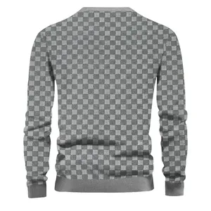 Back view of men's grey checkerboard knitted sweater with ribbed cuffs and hemline