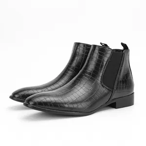 Black faux crocodile skin Chelsea boots for men with elastic side and pointed toe
