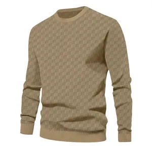 Detailed view of men's khaki knit sweater featuring a textured checkerboard pattern.