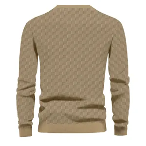 Rear view of men's knitted sweater featuring textured checkerboard pattern in khaki color.