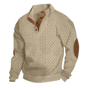 Close-up of beige cable knit henley sweater with vintage brown elbow patches