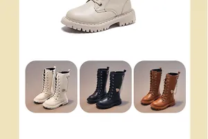 Nahaufnahme und Farbauswahl für lange Lederstiefel für Mädchen in Beige, Schwarz und Braun