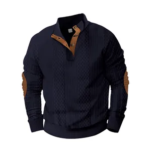 Sudadera azul marino para hombre con media botonadura, textura jacquard y parches en codos.