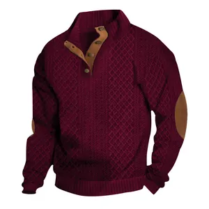 Men's vintage burgundy cable knit Henley sweater with stand collar and elbow patches