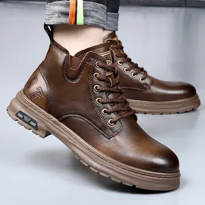 Men Vintage Split Leather Martin Boots British Style Work Boots Side Zipper Non-Slip Rubber Sole Winter Warm Plush Lining Casual Boots