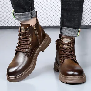 Vintage brown leather Martin boots for men with side zipper and rugged lace-up design