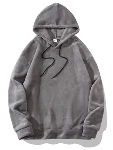 Premium zachte grijze koraalvlies hoodie voor heren met verstelbare trekkoorden.