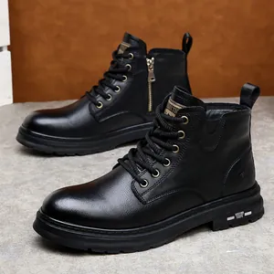 Men's vintage black genuine leather Martin boots with warm velvet lining and side zipper