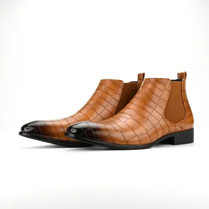 Classic brown crocodile embossed men's Chelsea boots with elegant square toe detail