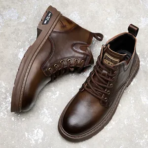 Vintage brown leather Martin boots for men with classic British style and warm lining