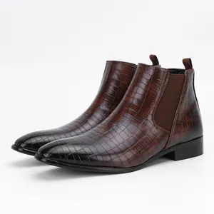Men's Chelsea boots with brown crocodile embossed texture and black gradient toe