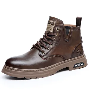Classic vintage brown leather Martin boots for men, durable lace-up winter work shoes.