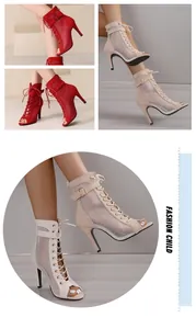 Detail view showing mesh lace-up fish mouth high-heeled dance boots in red and beige finish.