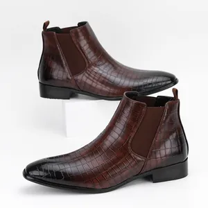 Men's British style Chelsea boots with premium brown crocodile pattern embossed leather