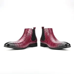 Premium men's wine red Chelsea boots with square toe and alligator pattern texture