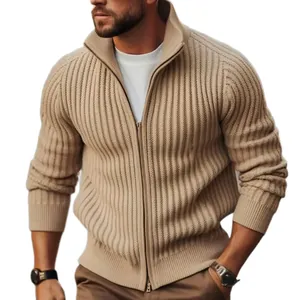 Premium men's ribbed knit cardigan sweater with half-high zip neck in a stylish beige color