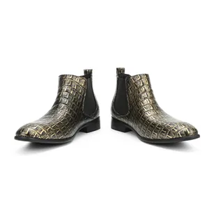 Stylish men's gold crocodile embossed Chelsea boots with square toe and elastic side