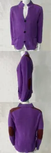 Front, side and back views of a purple waffle knit cardigan for men with elbow patches.