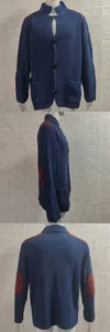 Comprehensive front, side, and back views of a blue men's knitted cardigan with elbow patches