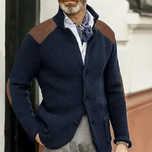 Slim fit navy blue men's knitted cardigan jacket with contrast brown shoulder patches and lapel
