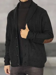 Men's Casual Knitted Cardigan Jacket Suede Elbow Patches Shawl Collar Long Sleeve Warm Sweater Outwear Autumn Winter Fashion