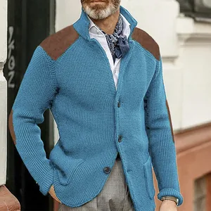 Men's blue slim fit waffle knit cardigan with vintage shoulder and elbow patches