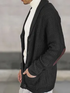 Stylish men's black knitted cardigan sweater with shawl collar and suede elbow patches