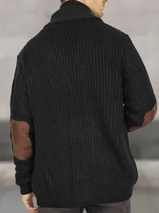 Men's black chunky knitted cardigan sweater featuring stylish brown suede elbow patches