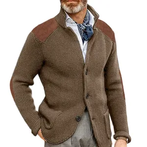 Men's slim fit knitted cardigan sweater with stylish suede shoulder patches