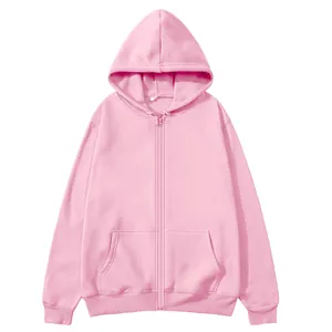 Sweat-shirt à capuche rose zippé unisexe de haute qualité, veste de sport à couleur unie