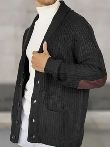 Men's knitted shawl collar cardigan with suede elbow patches for autumn and winter.