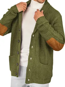Stylish men's olive green shawl collar knitted cardigan with brown suede elbow patches