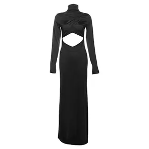 Elegante vestido negro de cuello alto con abertura sexy en la cintura y manga larga
