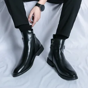 Bottines Chelsea pour Hommes Style Britannique Bout Pointu Fermeture Éclair Latérale Boucle Cuir PU Chaussures de Ville