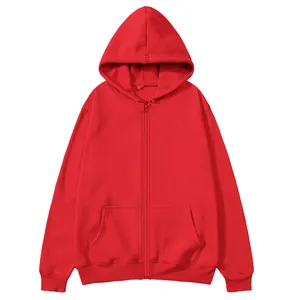 Vue détaillée à plat d'un sweat à capuche unisexe rouge vif avec fermeture éclair