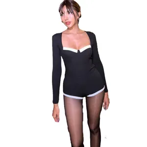 Combinaison en tricot sexy à décolleté plongeant pour femme, manches longues noire