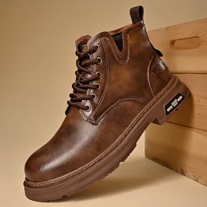 Men's British retro mid-cut Martin boots with lace-up design in brown leather