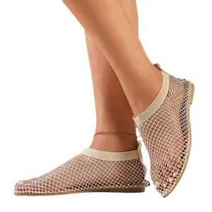 Eleganti sandali bassi sexy in rete con strass per donna stile estivo alla moda chic
