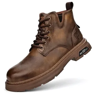 Vintage brown men's Martin boots with mid-top lace-up design and rugged rubber sole