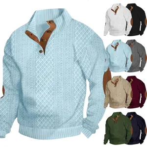 Detail view of men's slim fit jacquard sweater with stand collar and elbow patches