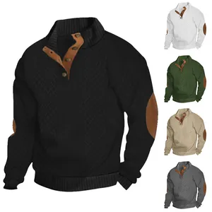 Detailed view of men's jacquard knit sweater with stand collar and elbow patches
