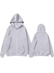 Sweat à capuche surdimensionné gris clair unisexe avec fermeture éclair, vues avant et arrière